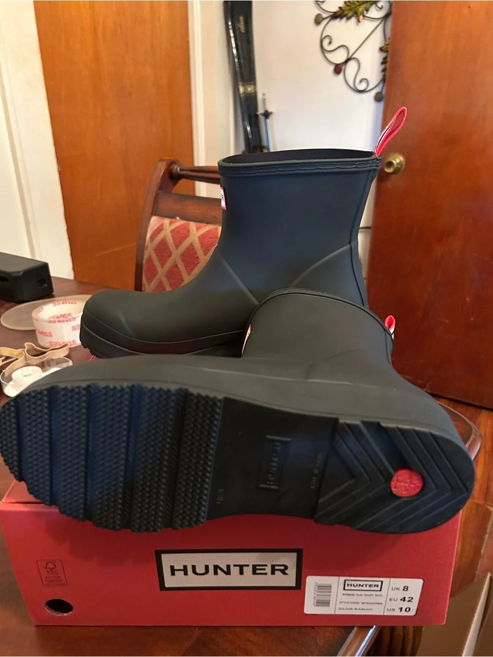 Hunter Black Short Rain Boots with Red-Trim Logo